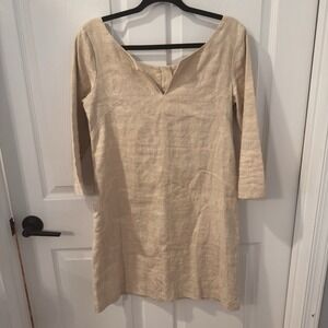J. CREW 3/4 Sleeve V-Neck Shift Linen Women's‎ Pockets Dress Size 4 Lined Beige